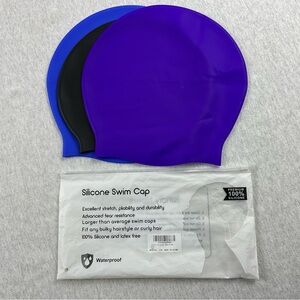 LEUMOI 100% SILICONE WOMEN’S SWIM CAP 3 PACK ONE SIZE LATEX FREE WATERPROOF NEW